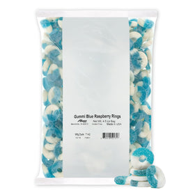 Albanese Gummi Blue Raspberry Rings in a bag show bold flavor for snacking.