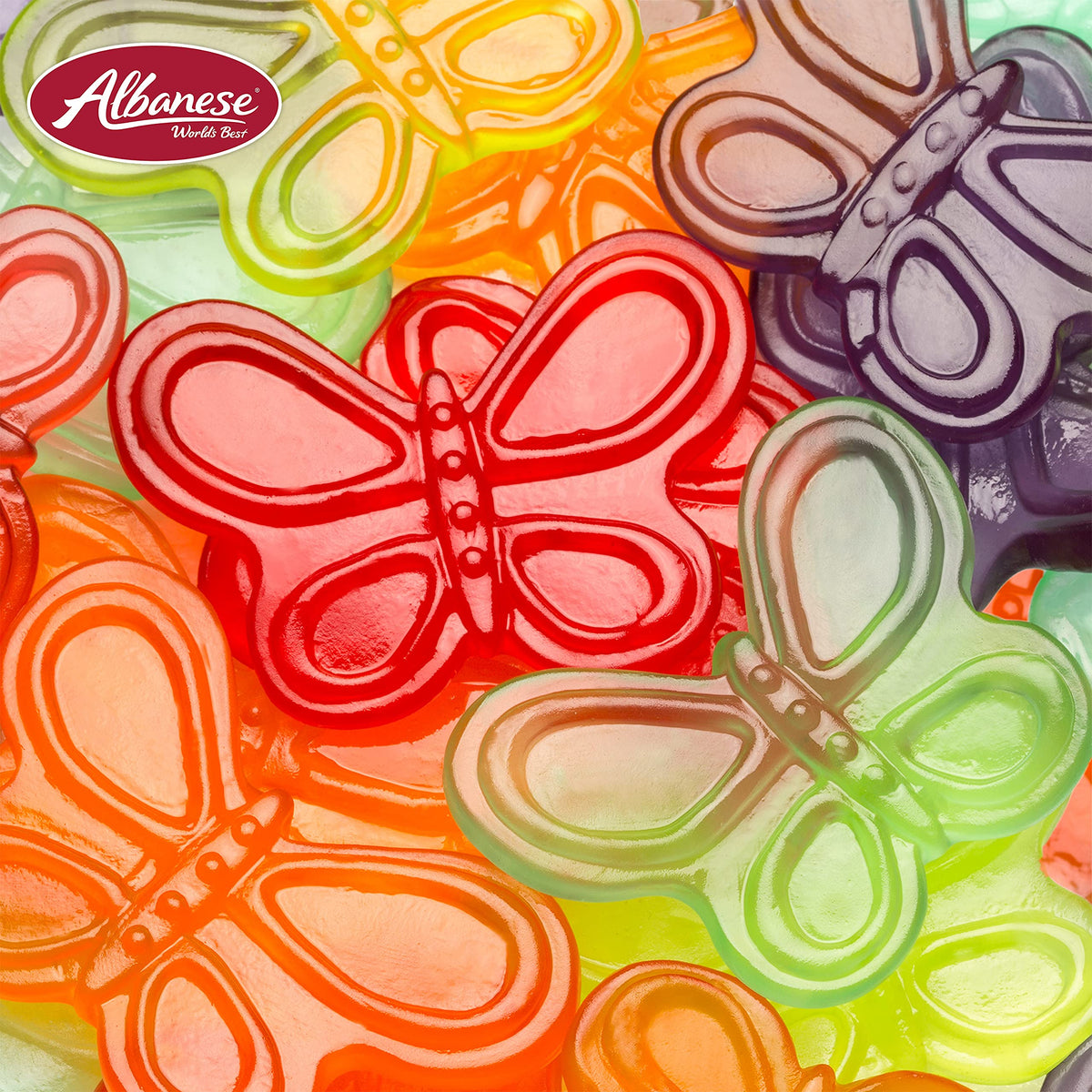 Albanese Gummi Butterflies close-up on chewy texture and glossy fruit flavors.