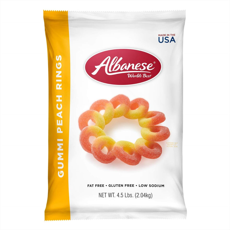 Albanese Gummi Peach Rings close-up in a bag showing bright flavor and shareable appeal.
