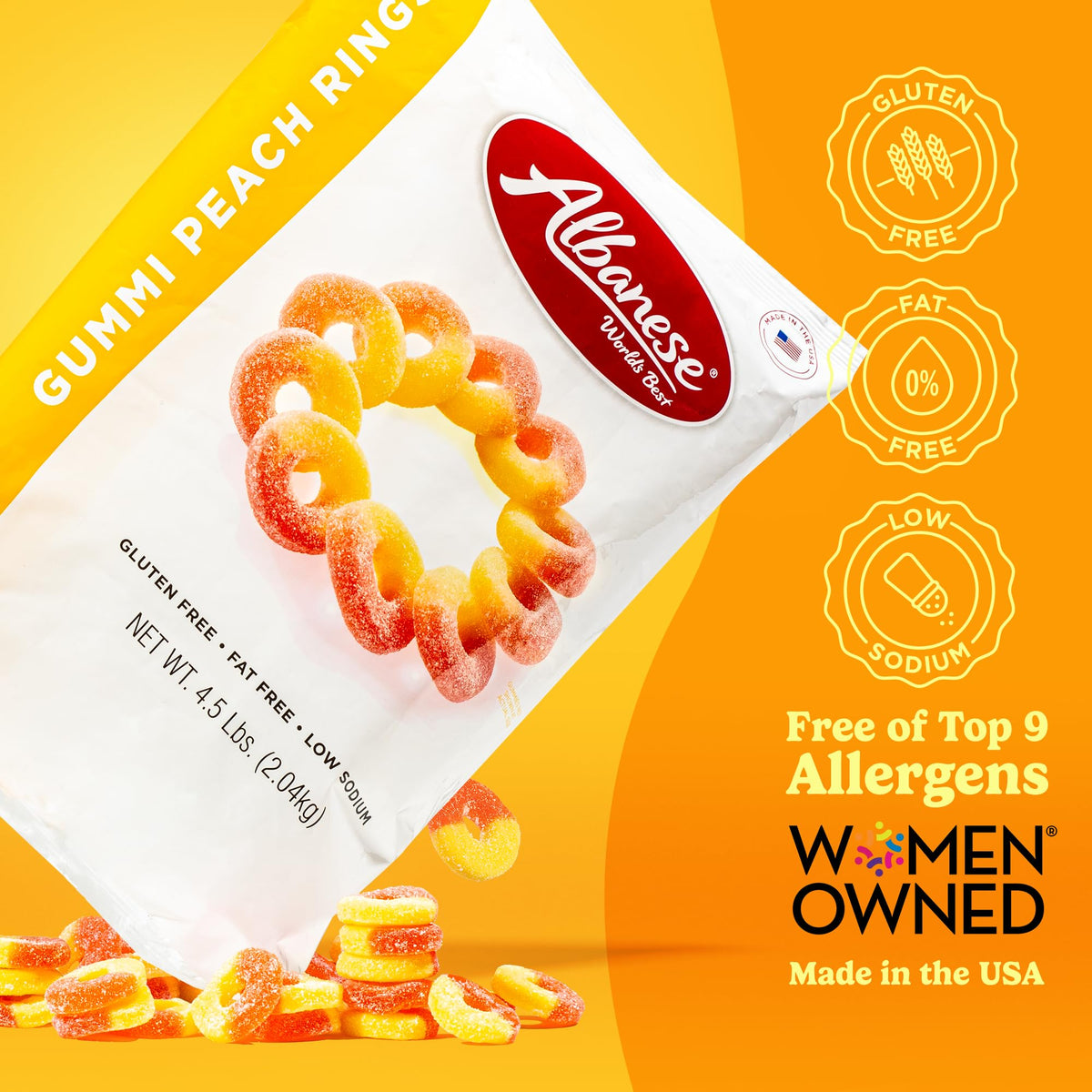 Albanese Gummi Peach Rings serving bowl ready for party snacking and easy sharing.