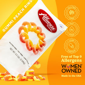 Albanese Gummi Peach Rings serving bowl ready for party snacking and easy sharing.