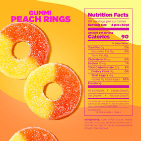 Albanese Gummi Peach Rings texture close-up highlighting soft chew and juicy peach notes.
