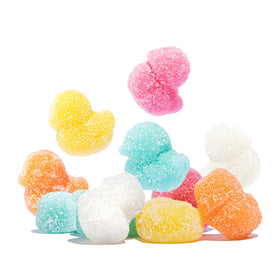 Albanese Gummi Sour Chicks flavors close-up shows Watermelon and Blue Raspberry for tart pleasure.