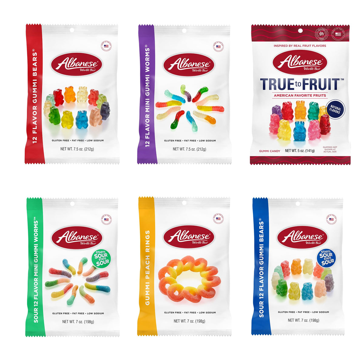 Albanese World's Best Gummi Variety Pack packaging shows colorful gummies for sharing
