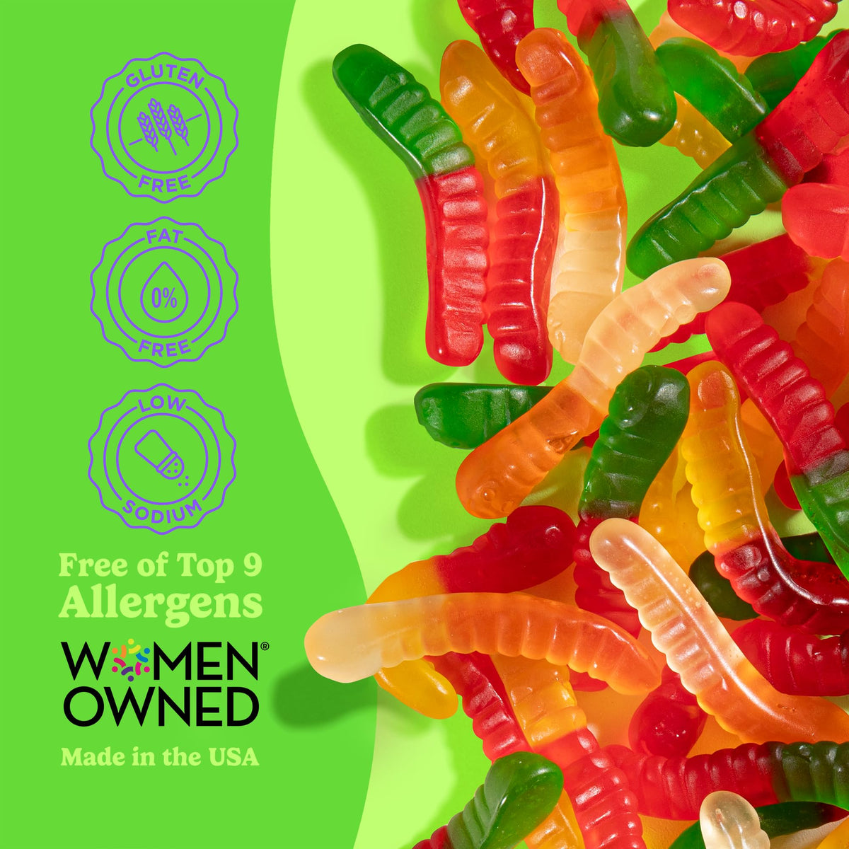 Close-up of Albanese gummy worms texture, soft chew and glossy coating.