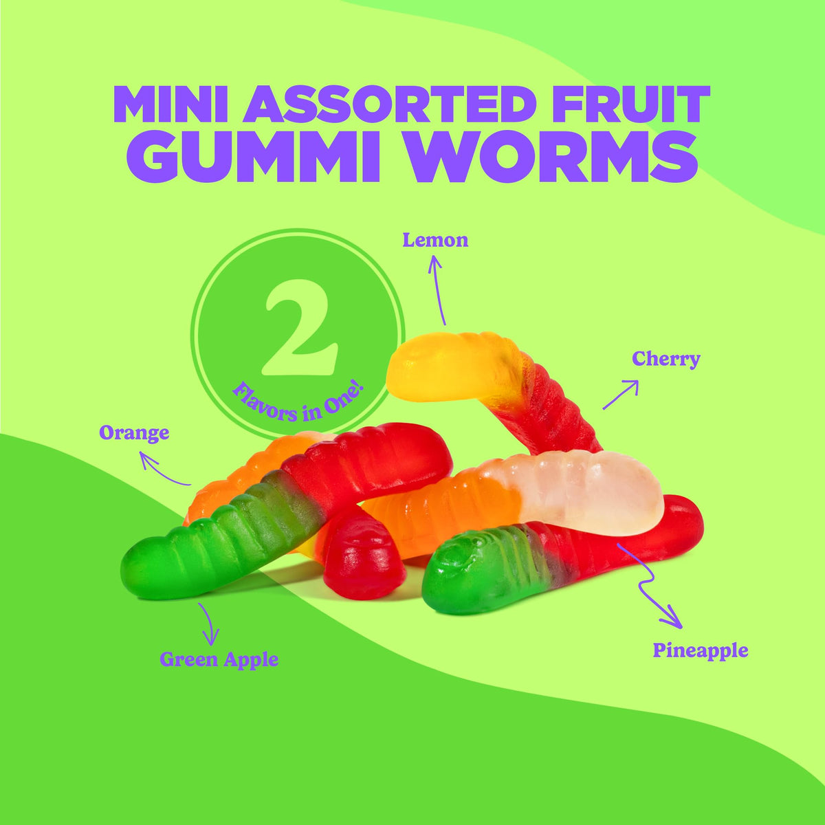 Albanese gummy worms flavors chart lists Cherry, Green Apple, Pineapple, Lemon, Orange.