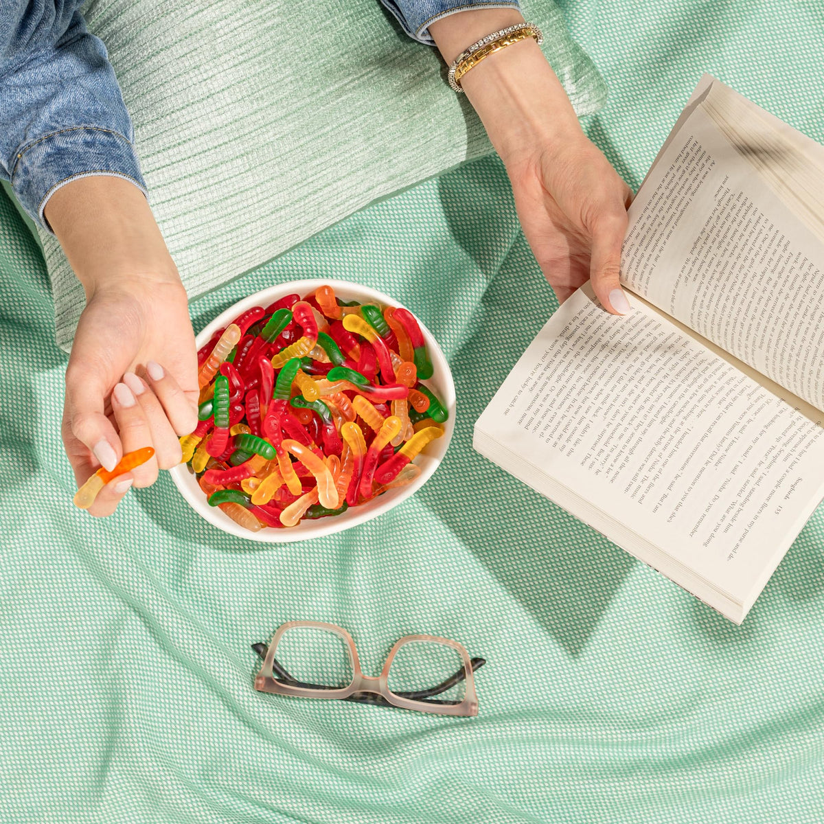 Serving bowl of Albanese gummy worms for snacking and sharing.