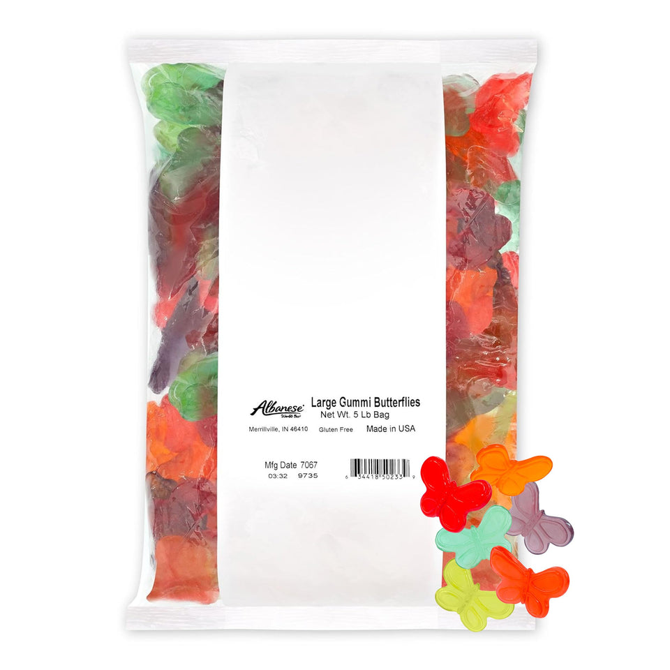 Albanese Large Gummi Butterflies front view in a 5-pound bag, ideal party snack.