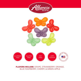 Albanese Large Gummi Butterflies colorful display showing six fruit flavors for snacking.