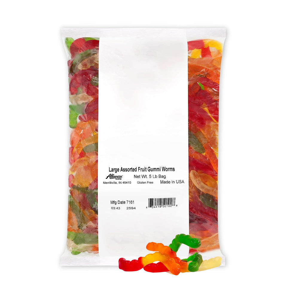 Albanese large gummy worms closeup texture highlights bold flavors and soft chew.