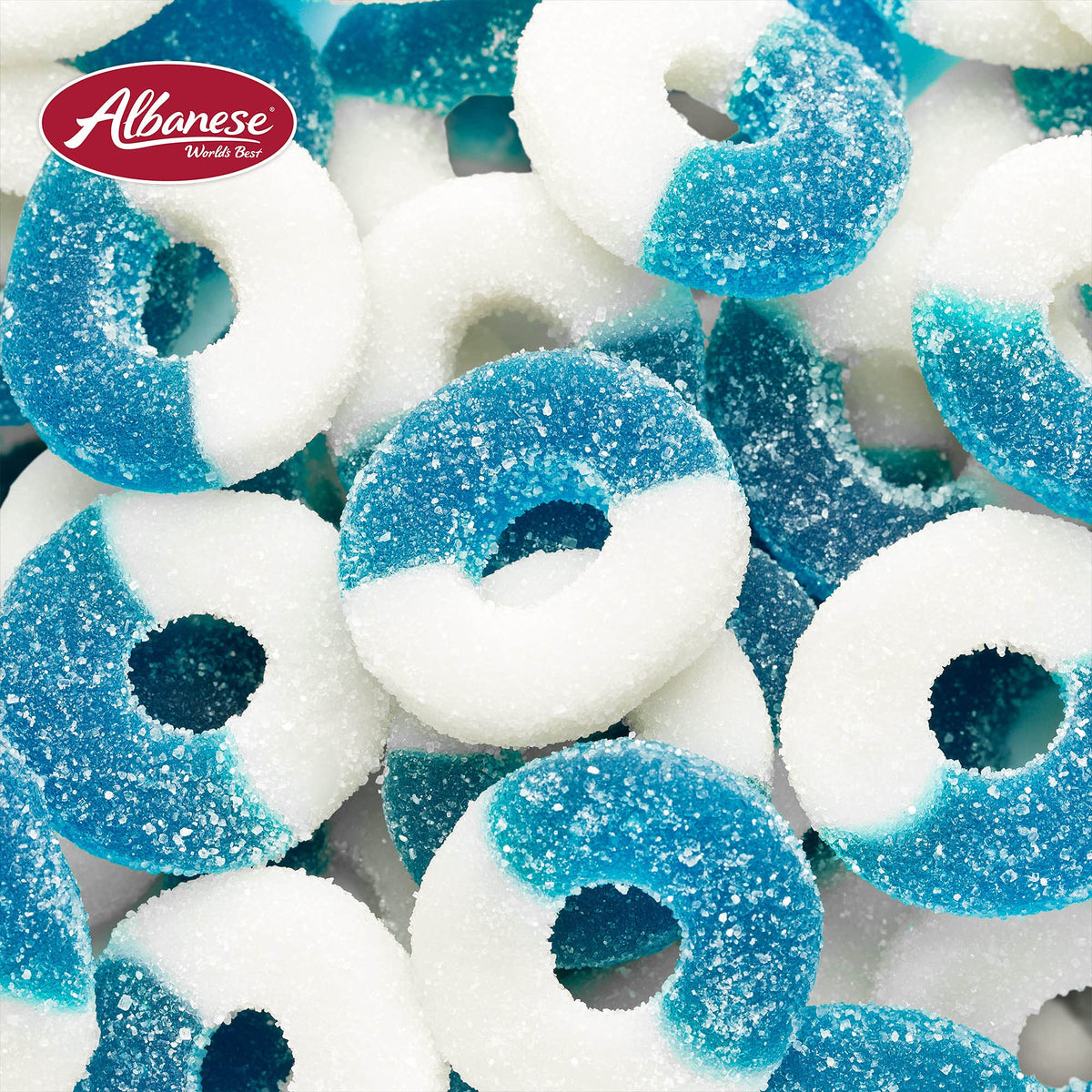 Albanese Made in USA gummy rings on a retail shelf.