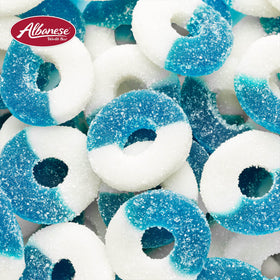 Albanese Made in USA gummy rings on a retail shelf.