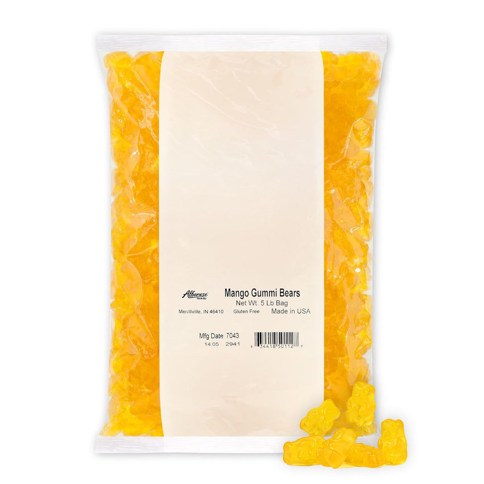 Albanese Mango Gummi Bears 5lb bag front view for bulk snacking.