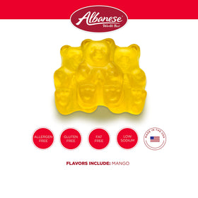 Albanese Mango Gummi Bears texture shot shows chewy bite and fruity aroma.