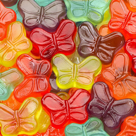Close-up of Albanese Mini Gummi Butterflies showing vivid colors.