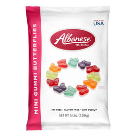 Albanese Mini Gummi Butterflies bag front shows bright flavors for shareable snacking.
