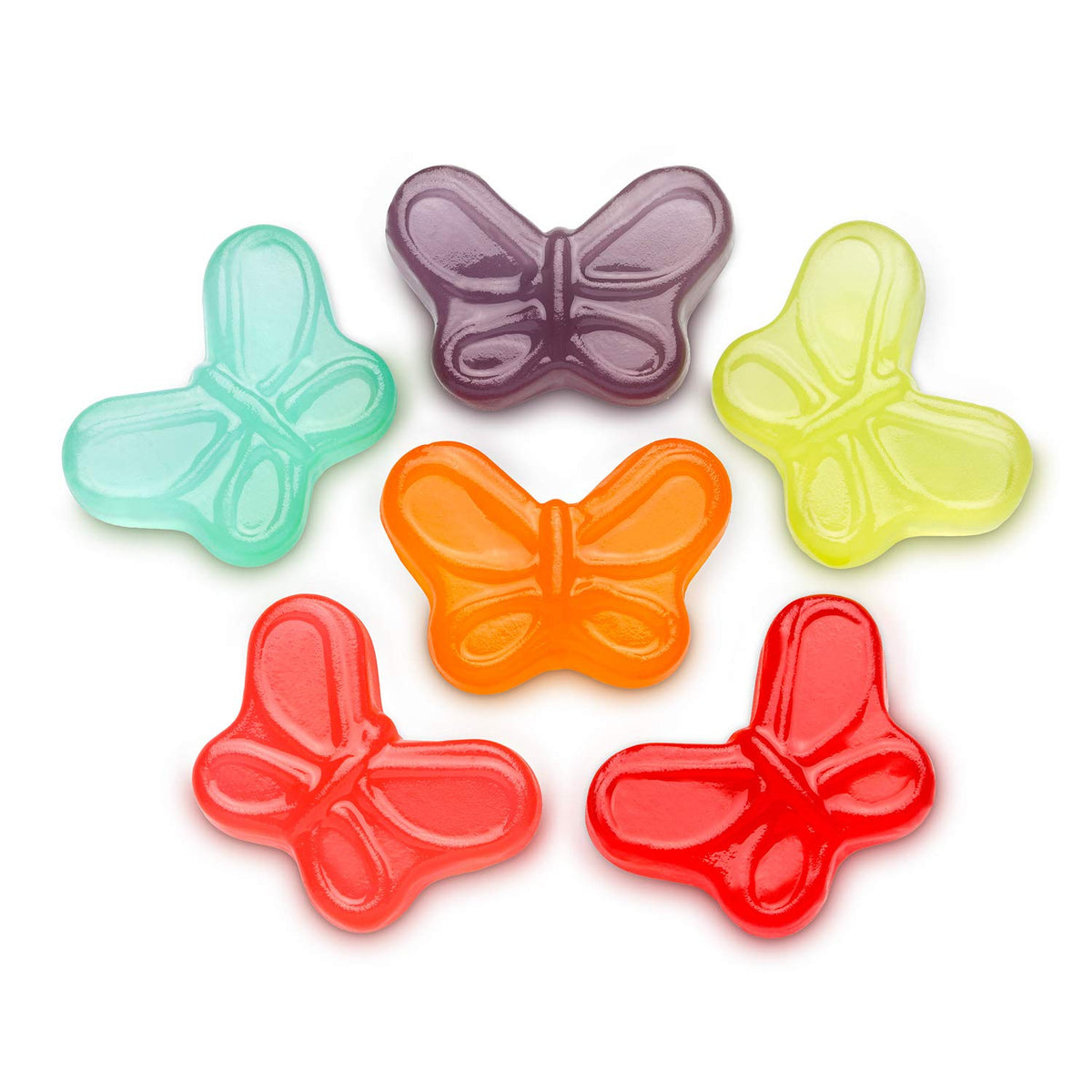 Albanese Mini Gummi Butterflies close-up reveals vivid fruit flavors ready to taste.