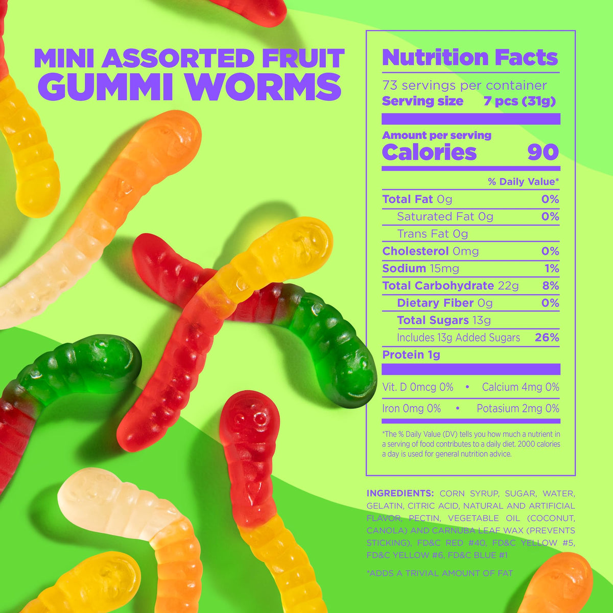 Albanese mini gummy worms bag back shows size and allergen-friendly notes.