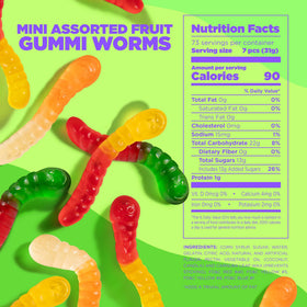 Albanese mini gummy worms bag back shows size and allergen-friendly notes.