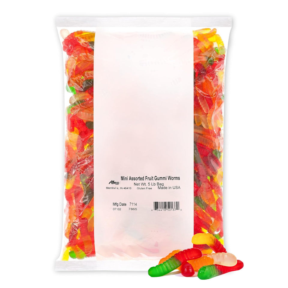Albanese mini gummy worms bag front view, ideal for sharing at parties.