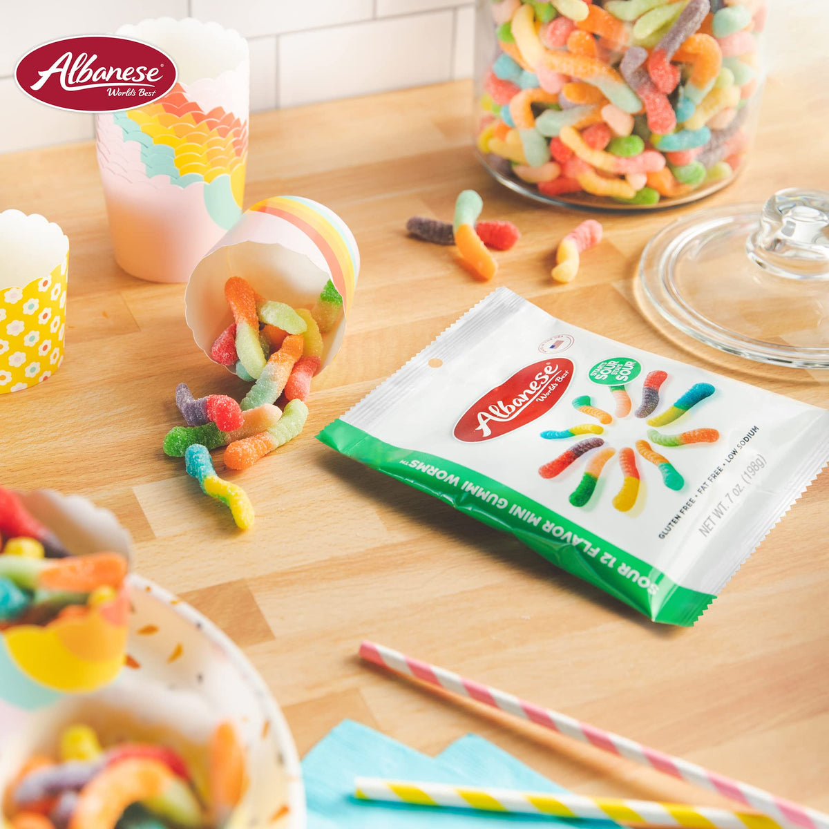 Albanese Sour Worms mini-gummies, showcasing their smooth chew and vibrant colors.