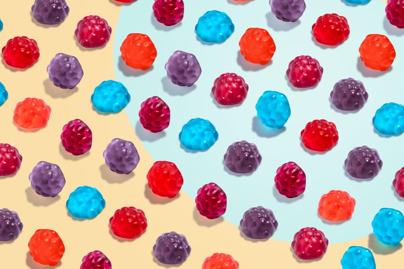 Albanese Gummi Berries flavors include cherry, strawberry, grape, blue raspberry, red raspberry.