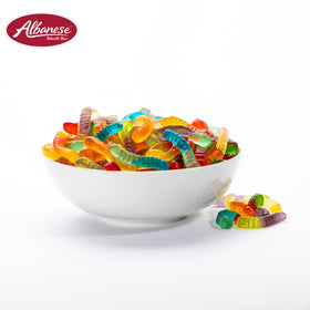 Albanese open bag with worms spilling inviting colorful snack experience