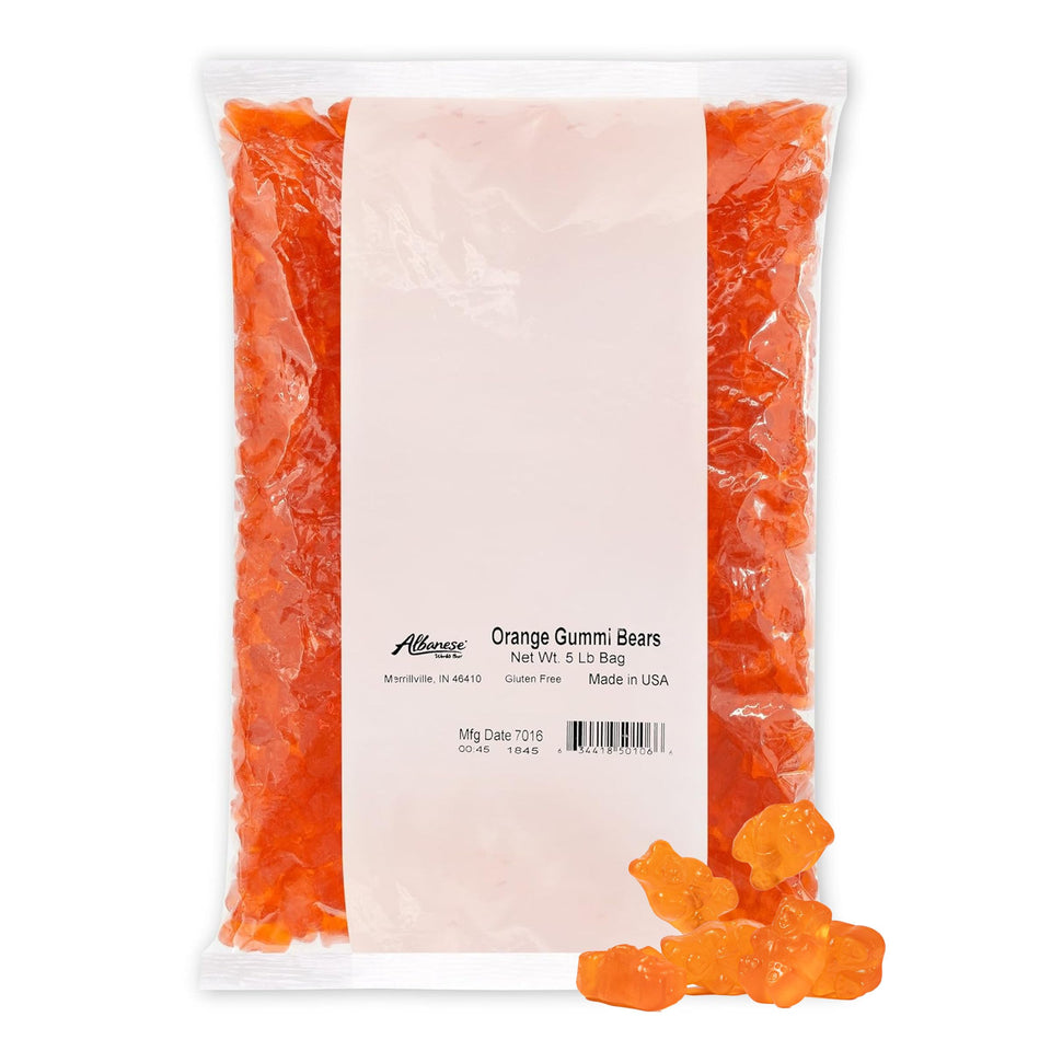 Albanese Orange Gummi Bears in a 5lb bag showing vibrant color and juicy orange flavor.
