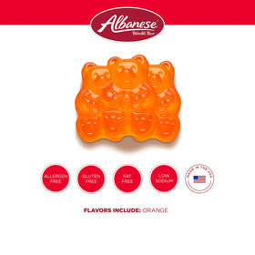Close-up of Albanese Orange Gummi Bears highlighting soft chew and bright citrus notes.