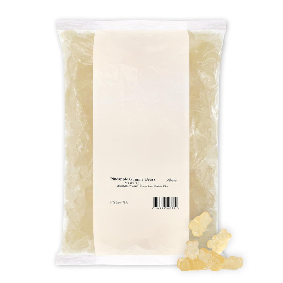 Albanese Pineapple Gummi Bears 5lb bag front, ideal for parties.