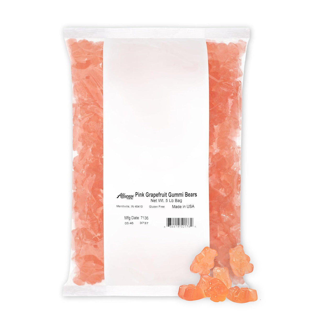 Albanese Pink Grapefruit Gummi Bears bag for sharing at gatherings.