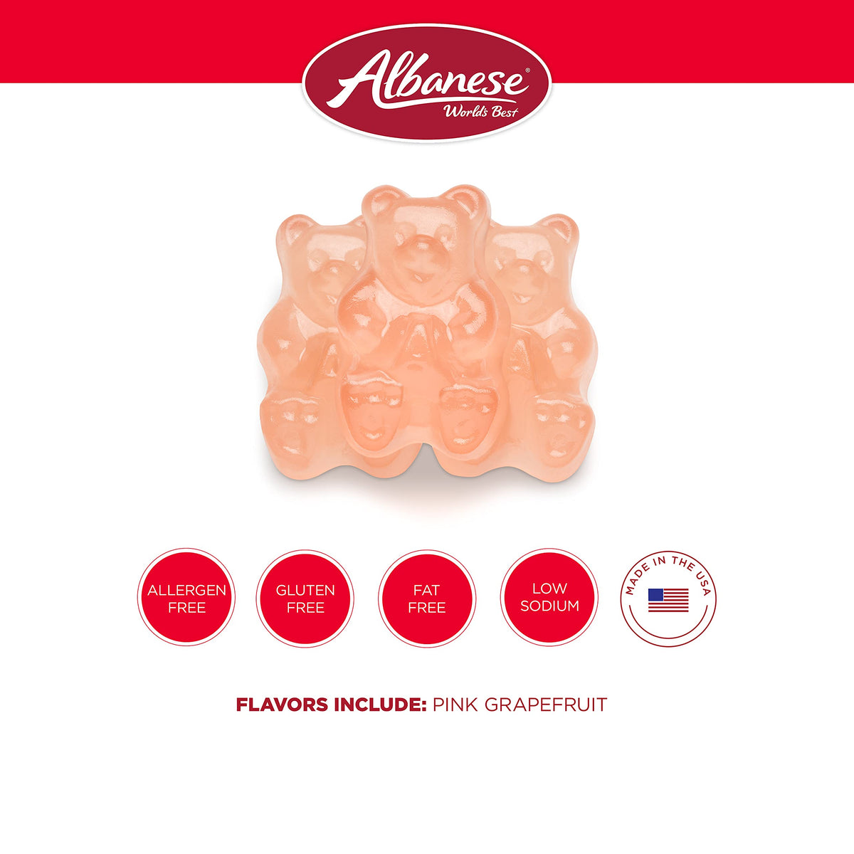 Albanese Pink Grapefruit Gummi Bears varieties display colorful assortment.