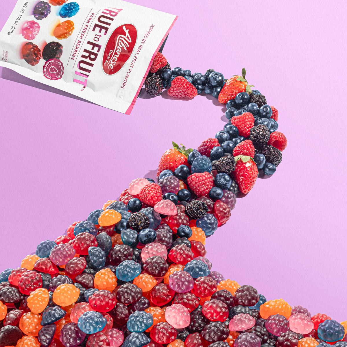Albanese Rubus Raspberry & Blueberry gummies, vibrant colors and balanced sweetness.