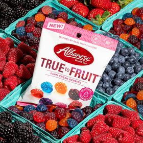 Albanese resealable bag emphasizes freshness and convenient sharing.