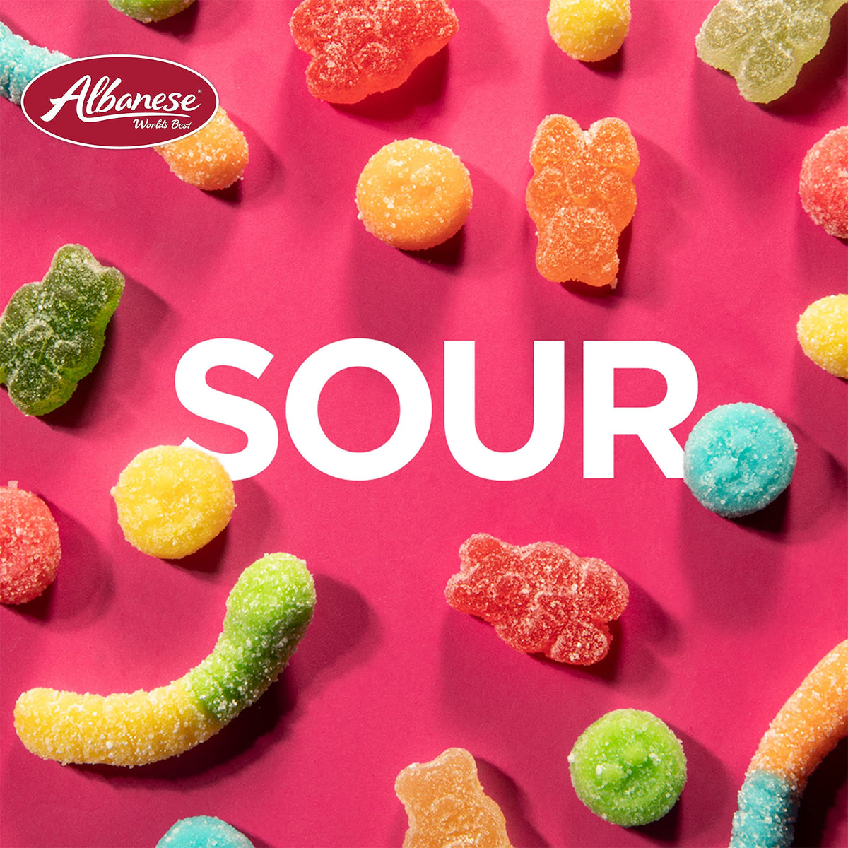 Albanese Sour Assorted Fruit Gummi Bears bag back showing allergen-friendly notes.