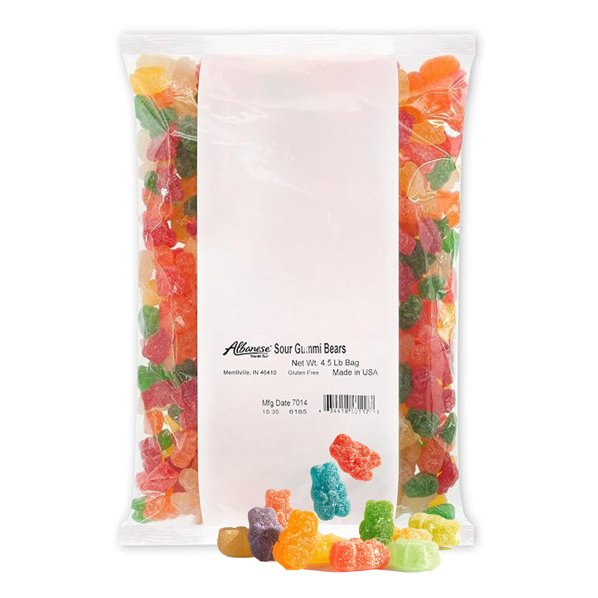 Albanese Sour Assorted Fruit Gummi Bears bag front, ideal for party snacking.