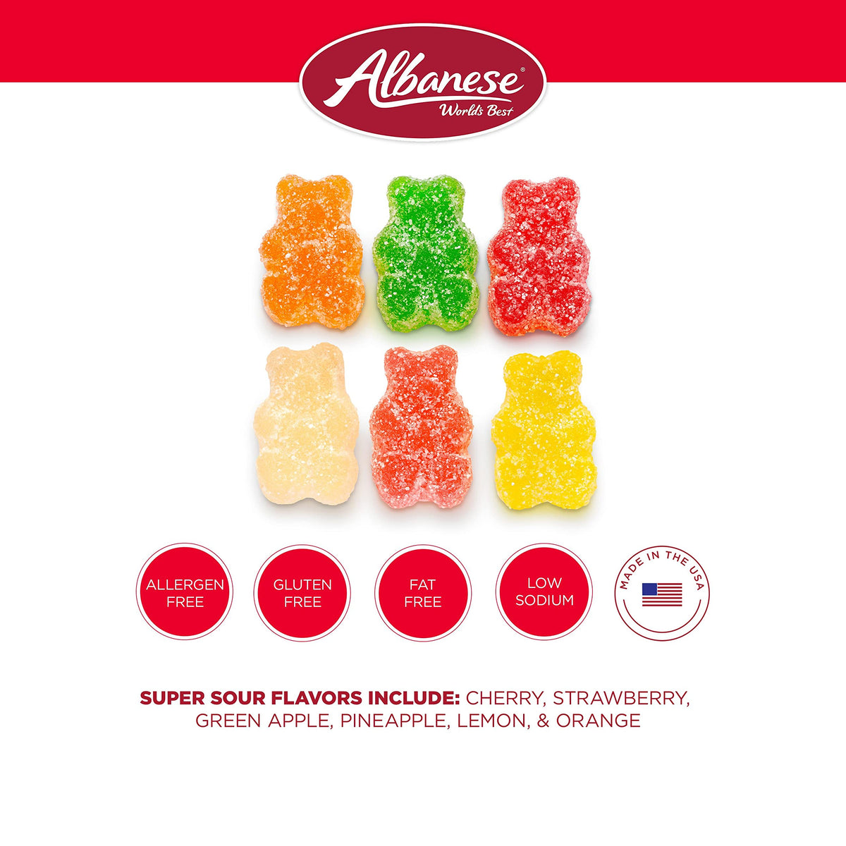 Albanese Sour Assorted Fruit Gummi Bears close-up, soft chew with tangy coating.