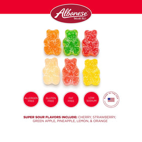 Albanese Sour Assorted Fruit Gummi Bears close-up, soft chew with tangy coating.