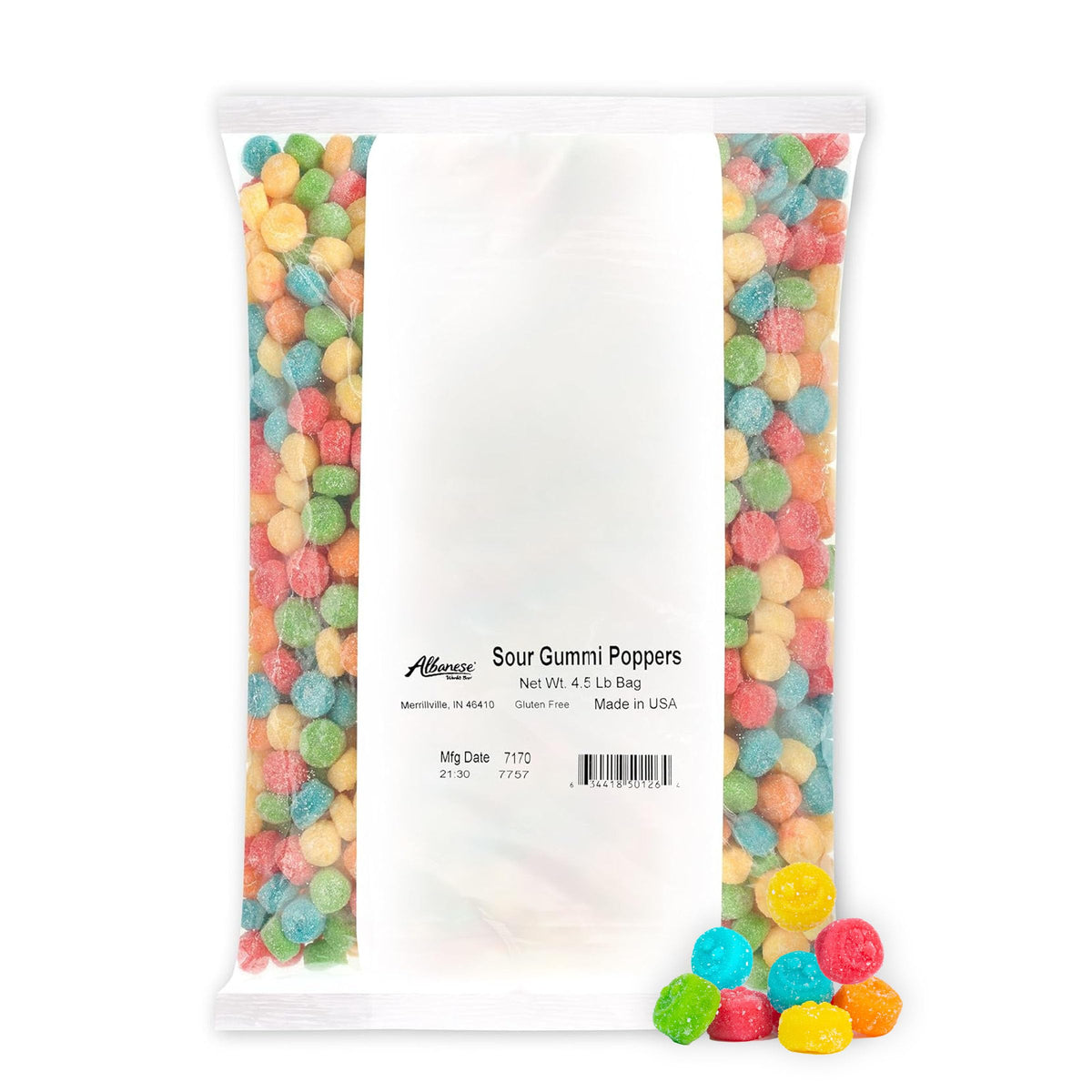 Albanese Sour Gummi Poppers bag front, ideal party snack for sharing.