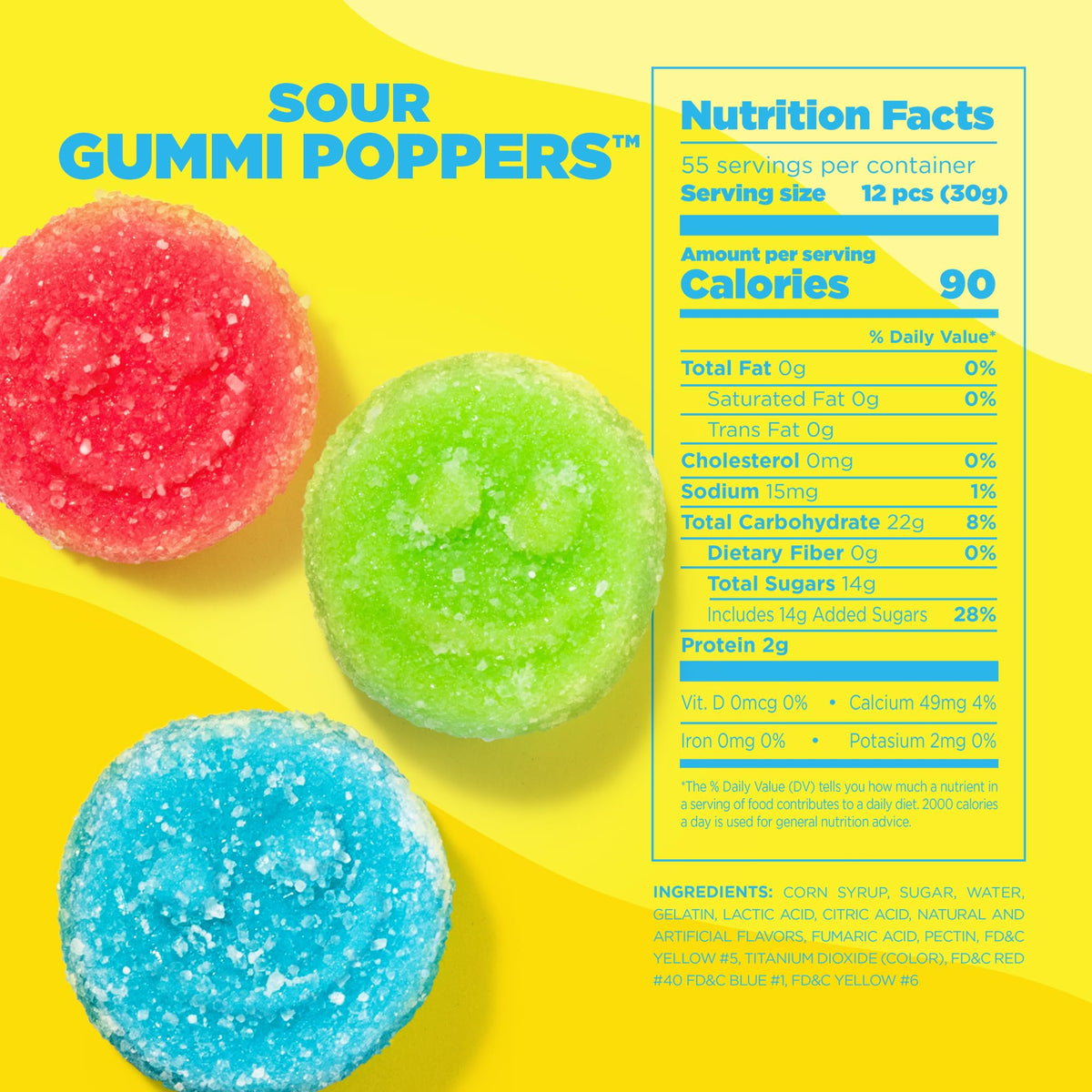 Albanese Sour Gummi Poppers sour powder closeup, tangy flavor notes on every chew.