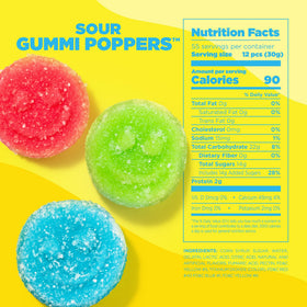 Albanese Sour Gummi Poppers sour powder closeup, tangy flavor notes on every chew.