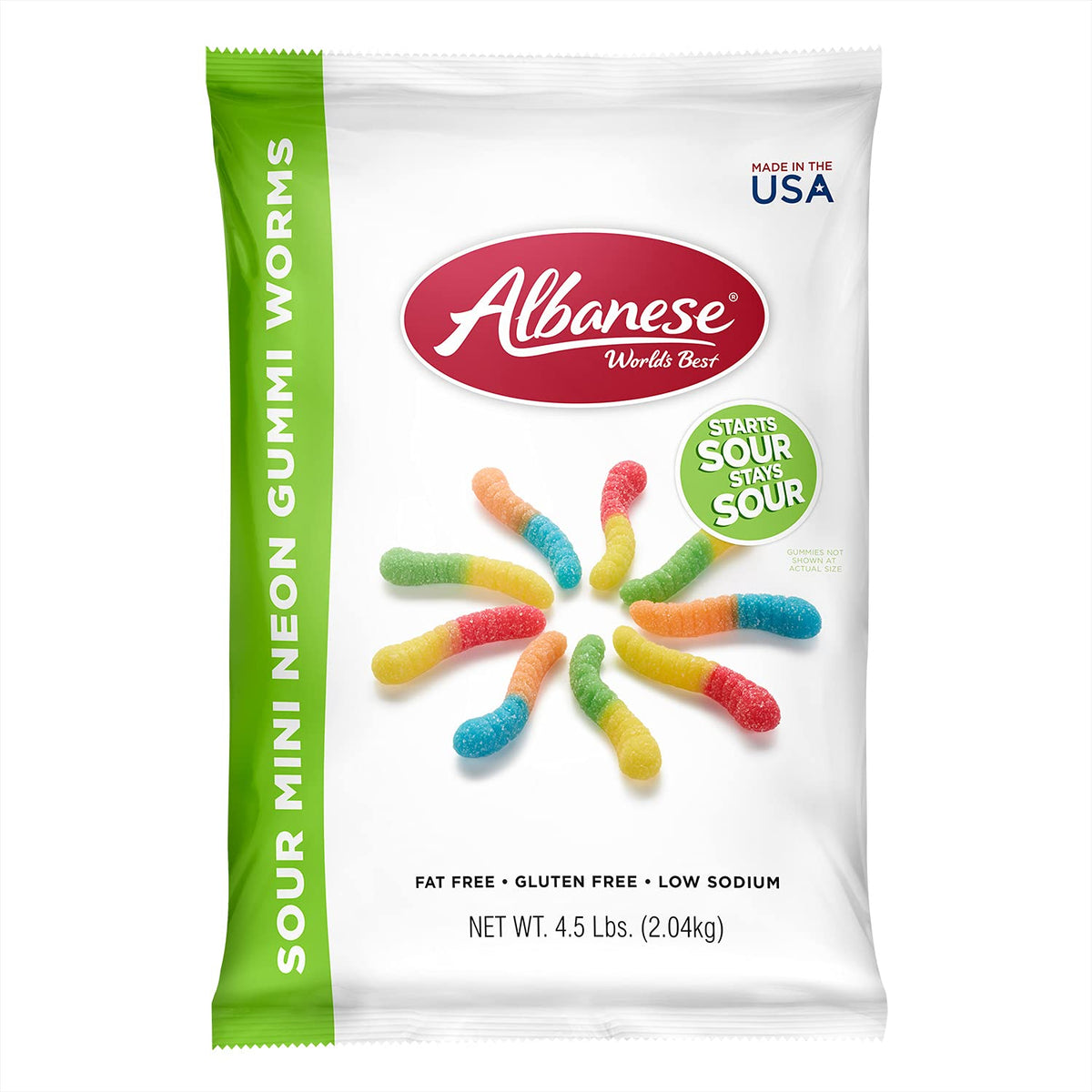 Albanese Sour Mini Neon Gummi Worms bag ready for sharing at parties