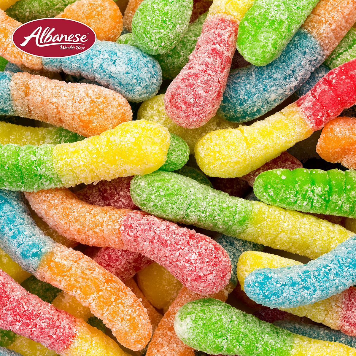 Assorted flavors like blue raspberry and lemon showcased in Albanese worms