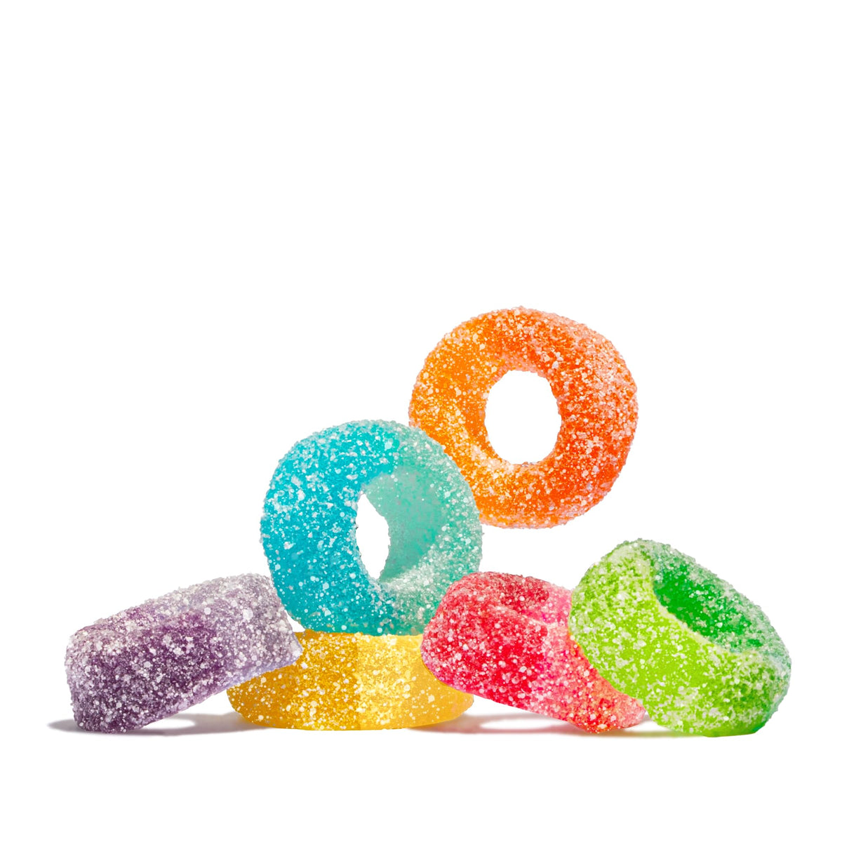 Close-up of Albanese Sour Mini PuckeRings two-toned rings with tangy bite
