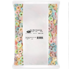 Albanese Sour Mini PuckeRings front label displaying bold flavors for snacking