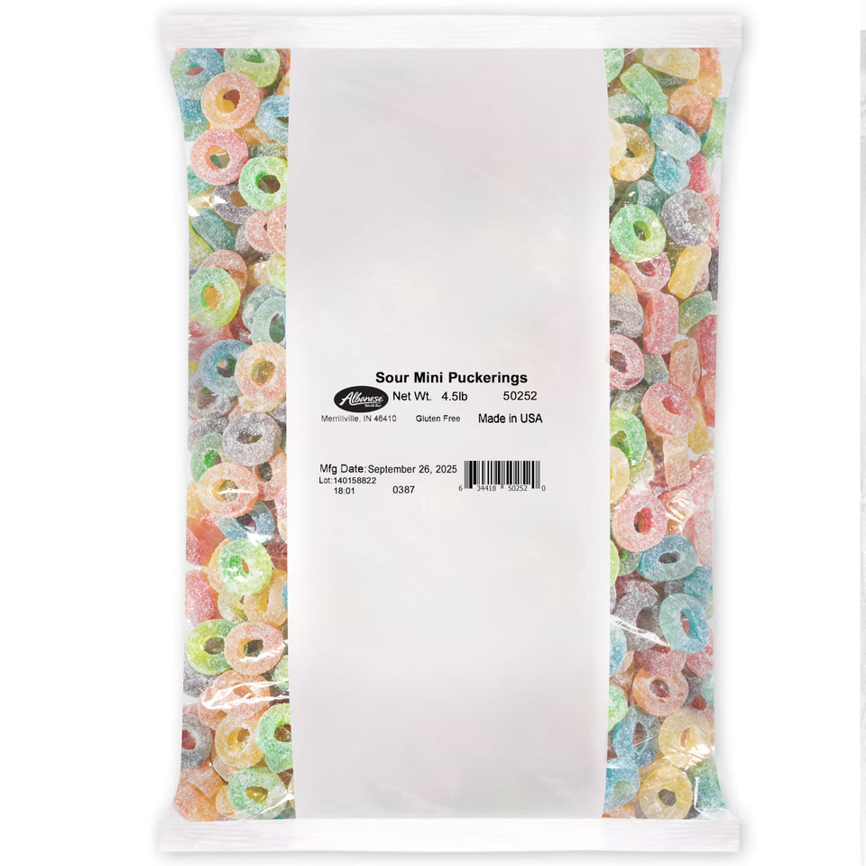 Albanese Sour Mini PuckeRings front label displaying bold flavors for snacking