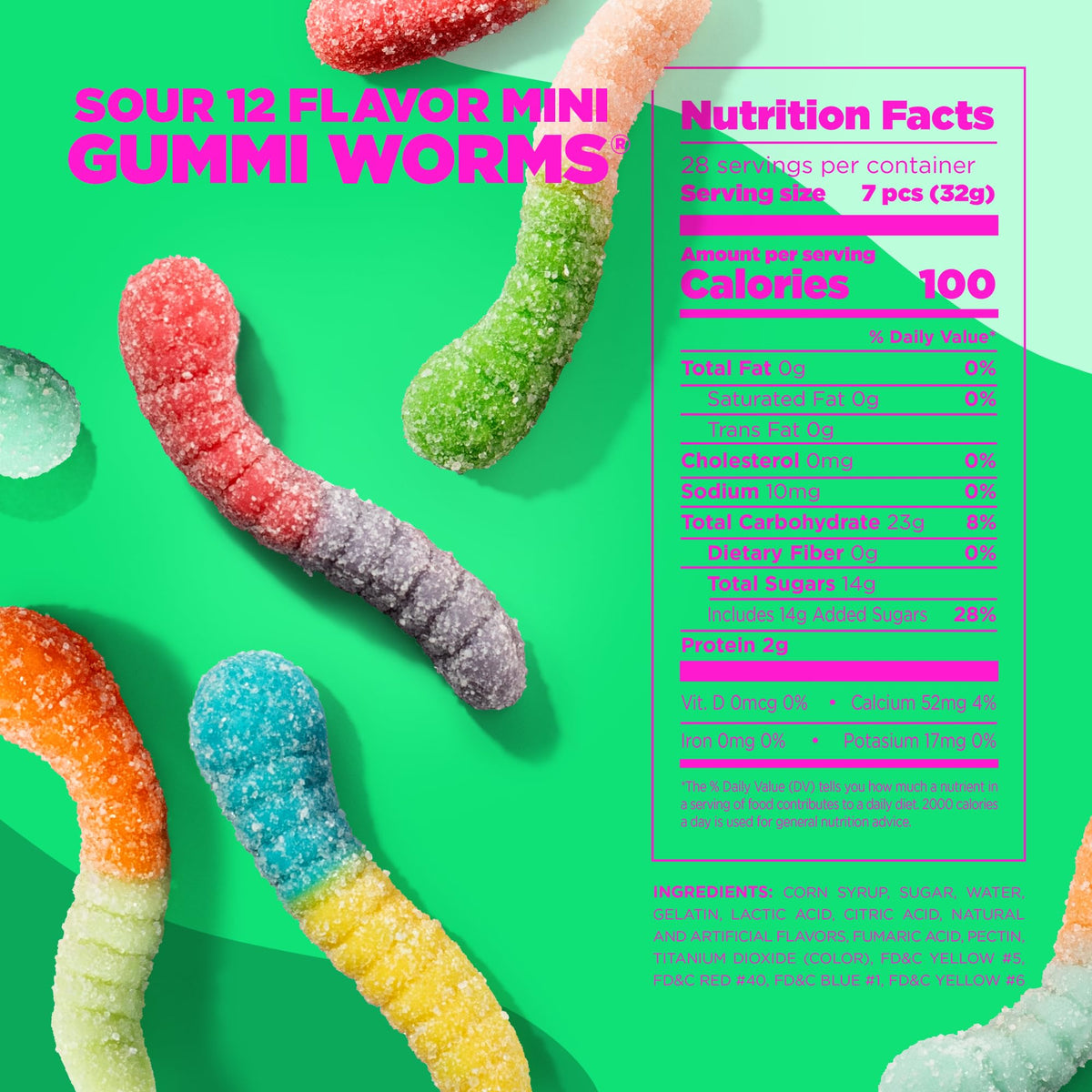 Albanese Sour Mini Worms 32oz bag sealed, keeps flavors fresh for snacks on the go.