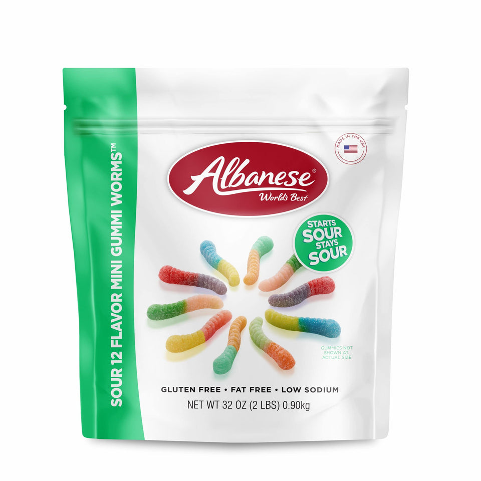 Albanese World's Best Sour Mini Worms cherry close-up, bold tangy flavor for sharing.
