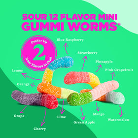 Albanese Sour Mini Worms flavor assortment highlighting 12 super sour options for variety.