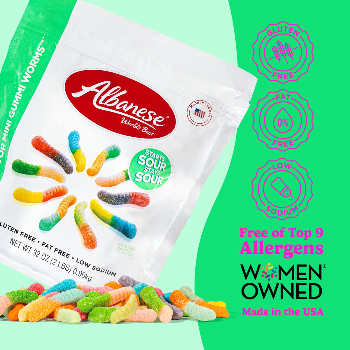 Albanese Sour Mini Worms soft chewy texture ideal for kids and travel snacking.